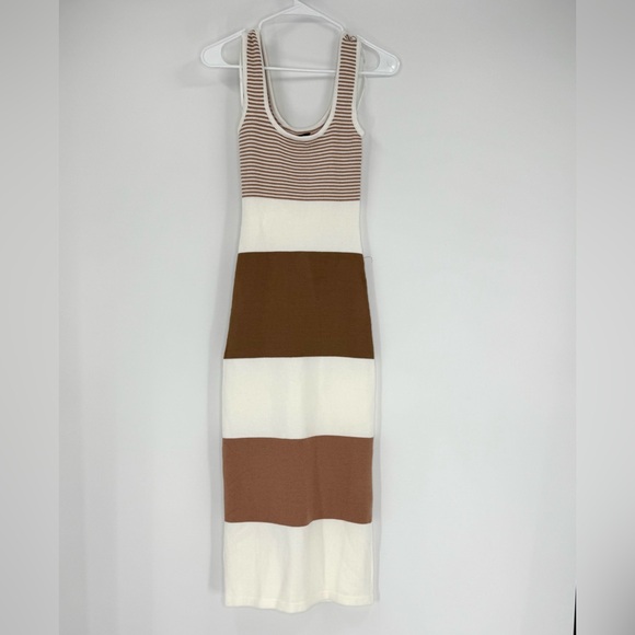 Lulus NWT Easily Gorgeous Ivory and Brown Striped Midi Sweater Dress, Size XS - Picture 6 of 13